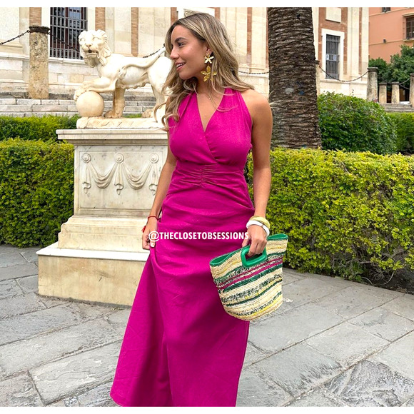 ZARA Magenta A-Line Linen Midi Dress NWT Size M - Picture 1 of 16